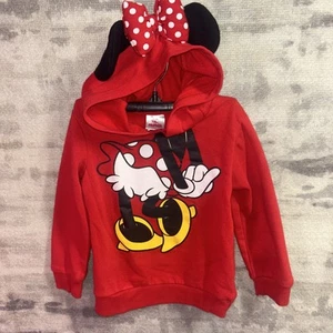 Disney Minnie Mouse Girls Hoodie Size 4T Red Fleece Lined Hood With Ears - Picture 1 of 6