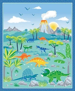 35" Fabric Panel | Benartex Glow-o-Saurus Dinosaur Volcano Scene Blue - Picture 1 of 1