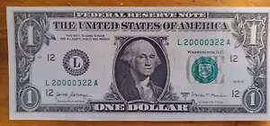 March 22, 2000 : 20000322 $1 Dollar Bill Fancy Serial Number Birthday Note - Picture 1 of 2