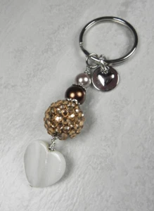 Rhinestone Ball Glass Pearl Shell Copper Silver Keychain Handmade New - Picture 1 of 4
