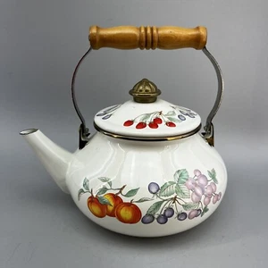 Vintage Enamel Tea Water Kettle Hand Painted Fruit Large Stovetop Cream Wood - Picture 1 of 12