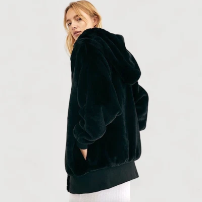 FREE PEOPLE Turn Up Hooded Faux Fur Oversized Jacket Sz XS Zip Teddy Mink Black - Image 1 of 4
