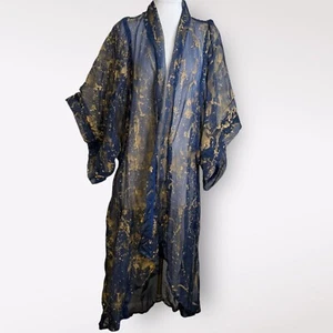 Victrola Navy Blue and Gold Splatter Sheer Long Kimono Unique One Size - Picture 1 of 5