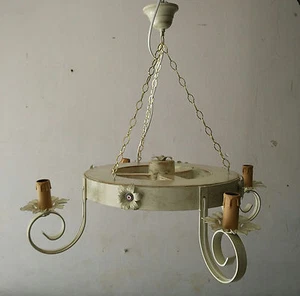 Lampadario a ruota di carro in legno ferro battuto cucina taverna 4 luci shabby - Foto 1 di 5