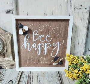 Bee Happy Summer Farmhouse Inset Block Sign - Picture 1 of 1
