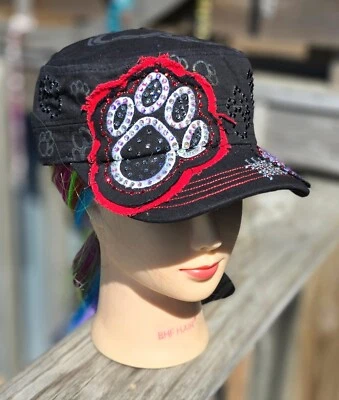 Ladies Black & Red Paw Print BLING Cadet Cap Hat NEW - Image 1 of 4