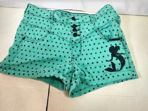 Disney Girls Jr Sz 11 30" Green Black Polka Dots & Seashell Mermaid Logo Shorts - Picture 1 of 7