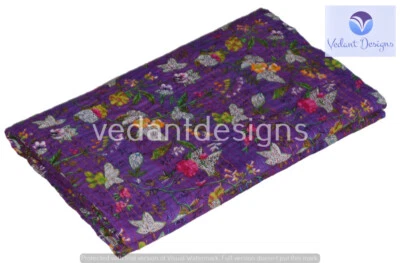 Indian Handmade Floral Kantha Quilt Reversible Bedspread Queen Cotton - Image 1 of 4
