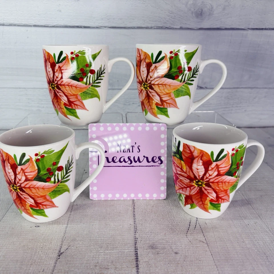 Gibson MAGIC POINSETTIA Rojo Floral Porcelana Navidad 10oz Tazas Tazas Juego de 4 Foto 1 de 4