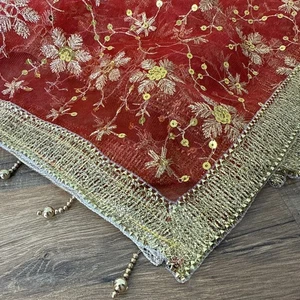 Gorgeous Saree Dupatta Red Gold Sheer Sequin Embroidery Drop Beads 37” X 68” - Picture 1 of 8