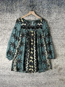 Free People Dress Womens XS Teal Black Boho Babydoll Long Sleeve Lined Floral - Picture 1 of 9