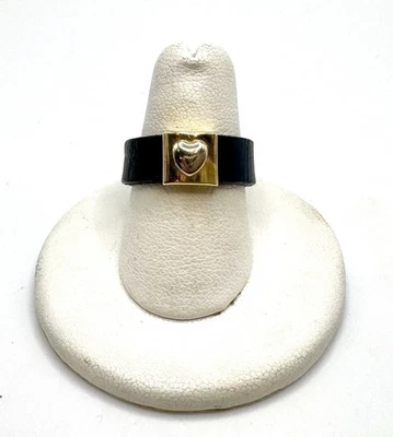 Anillo Milor Oro Amarillo 14K Corazón Cuero Negro Banda Talla 8 Foto 1 de 4
