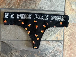 VICTORIA'S SECRET PINK S CANDY CORN HALLOWEEN THICK BAND RARE THONG PANTIES NWOT - Picture 1 of 9
