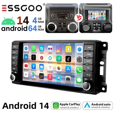 4+64GB For Jeep Wrangler Dodge Chrysler Android 14 Carplay Car Stereo Radio GPS - Image 1 of 4