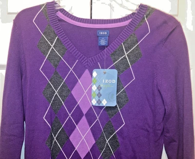 NUEVO $58 TAG IZOD Mujer Púrpura Algodón Argyle Suéter Top Talla S Foto 1 de 4