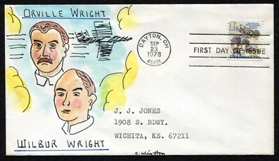 1978 C WINSTON Hand Drawn & Painted AVIATION WRIGHT BROTHERS Cachet FDC - Image 1 of 3