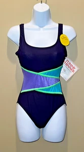 It Figures! NWT Women's Tummy Thinner Swimsuit Navy W/Purple & Aqua Accents Sz 8 - Picture 1 of 16