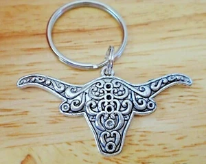 Silver PEWTER large 25x50mm Fancy Longhorn on 25mm Keyring - Picture 1 of 3