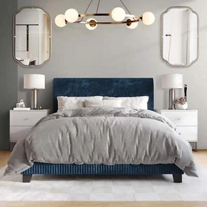 Blue Queen Size Upholstered Bed Frame Vertical Channel Stitched Velvet Headboard - Picture 1 of 11
