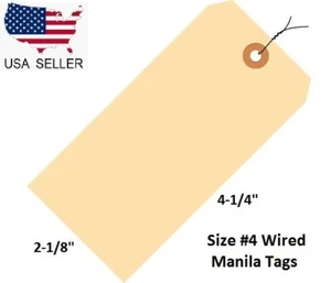 Paquete de 100 etiquetas colgantes precableadas de inventario Manila tamaño 4 con cables 4 1/4" x 2 1/8" - Imagen 1 de 3