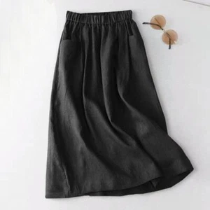 Women Cotton Skirt Elastic Waist Midi Skirt Side Pockets Casual Solid A Line - Picture 1 of 17