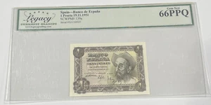 1951 Spain Banco de Espana Una Peseta Legacy Graded Gem New 66PPQ - Picture 1 of 3