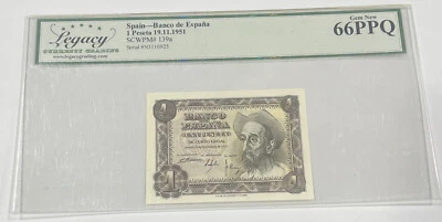 1951 Spain Banco de Espana Una Peseta Legacy Graded Gem New 66PPQ - Image 1 of 3