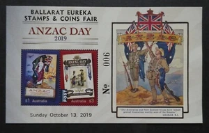 AUSTRALIA 2019 ANZAC DAY M/SHEET O/P BALLARAT EUREKA STAMP & COINS FAIR MUH - Picture 1 of 1