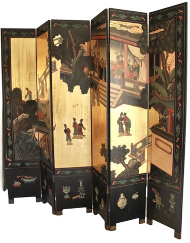 Early 20th Century Gilt 6 Panel Lacquered Relief Double Sided 7ft Room Divider Cover