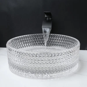 Combo de grifo negro con lavabo redondo de cristal para lavabo de lavabo de vidrio transparente para baño - Imagen 1 de 15