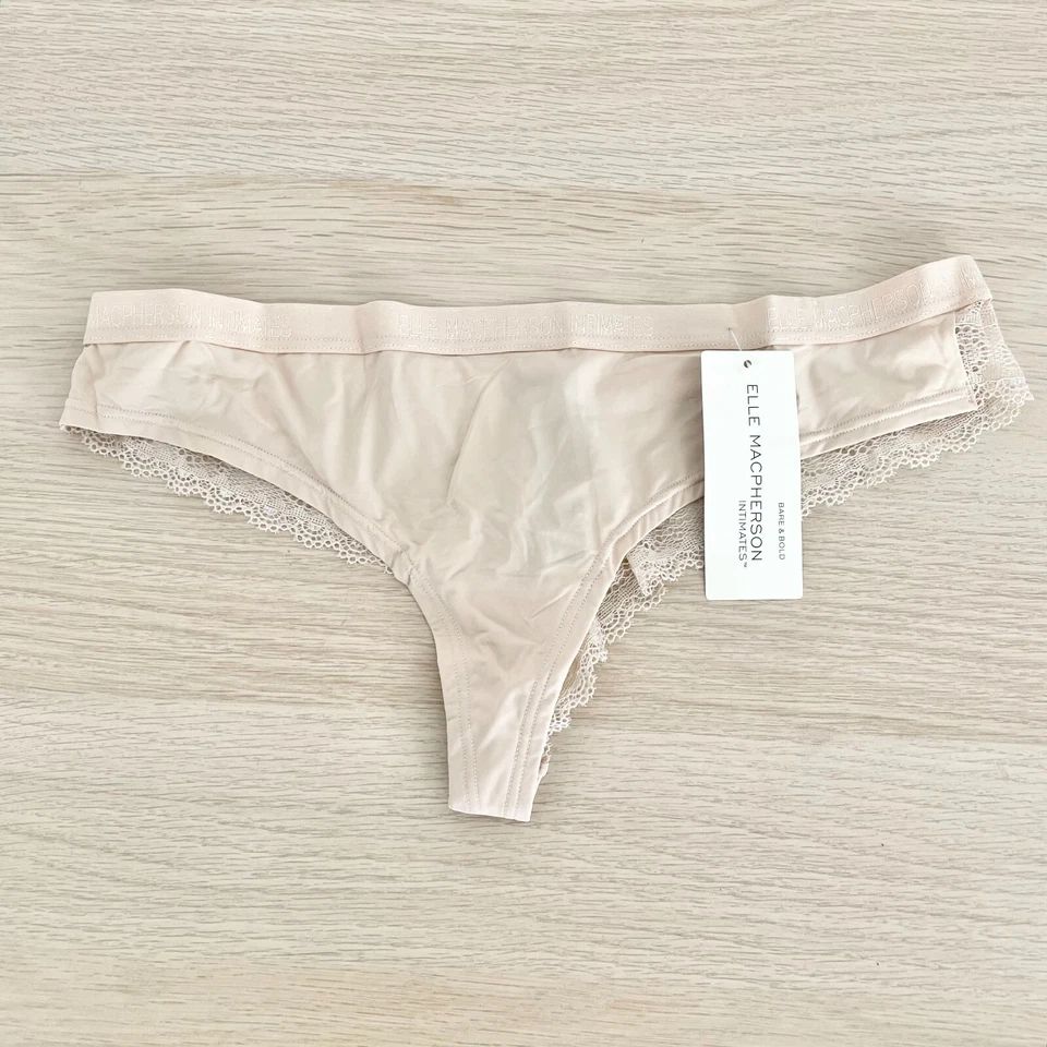 Elle Macpherson Intimates Bare & Bold Thong Size L American Nude Lace Back New - Image 1 of 4