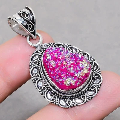 Pink Titanium Druzy Gemstone Handmade Gift Jewelry Vintage Pendant 1.90" SR 1653 - Image 1 of 4