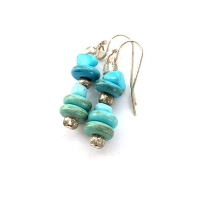 Silver Tone Dyed Howlite Faux Turquoise Southwestern Beaded Hook Boho Earrings - Image 1 of 4