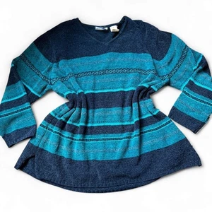 Y2K Oversize Strick Pullover blau türkis gestreift künstlerisch kuschelig Indie Lagenlook 80er - Bild 1 von 3