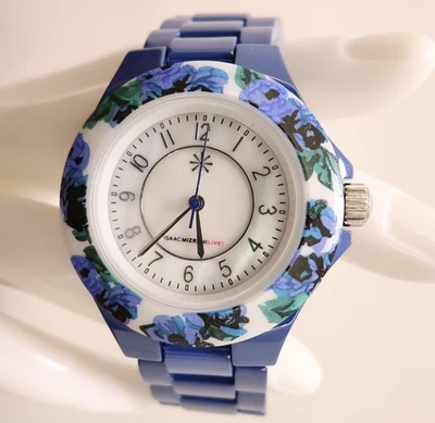Isaac Mizrahi Reloj Azul Cerámica Eslabones Bisel Floral Tono Plateado Batería Nueva Foto 1 de 4