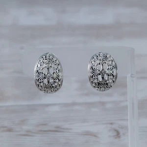 Vintage Clip On Earrings Ornate Silver Tone Curved - Picture 1 of 7