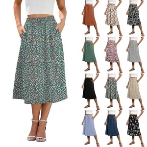Womens Floral Skirt Midi Length Elastic High Waist A-Line Skirt With Pockets ✅ - Picture 1 of 54