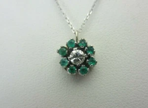 Vintage 18k White Gold Emerald and Diamond Pendant Necklace 0.54 ct TW Chain - Picture 1 of 7