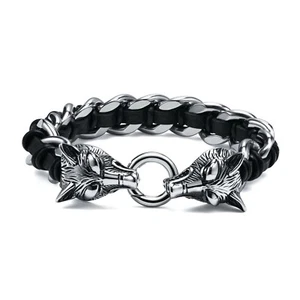 Stainless Steel Double Wolf Head Chain Bracelet Black Leather Interwovened 9inch - Picture 1 of 7