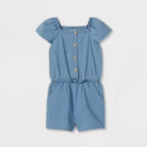 Cat & Jack Romper Girls 2XL Blue Denim Short Sleeve Knotted Waist Button Front - Picture 1 of 5