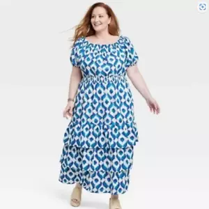 Knox Rose 3X Puff Short Sleeve A-Line Ruffled Maxi Dress Blue Ikat Smock Waist - Picture 1 of 5