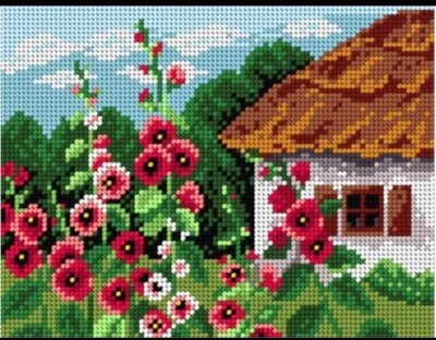 Printed needlepoint tapestry canvas only 7x9.5 inch Orchidea Summer Cottage - Image 1 of 2
