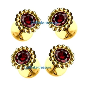 Natural Garnet Gemstone 925 Sterling Silver Gold Plated Tuxedo Buttons Set #218 - Picture 1 of 6