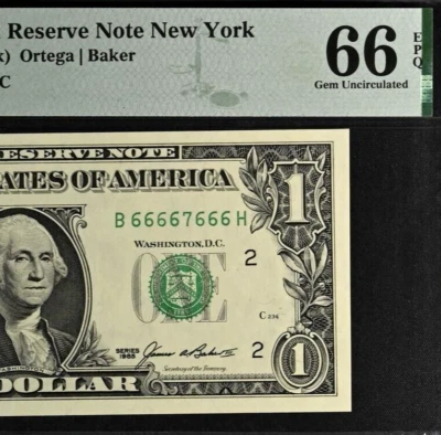1985 $1 Federal Reserve Note PMG 66EPQ Fancy near solid serial number 66667666 - Image 1 of 3