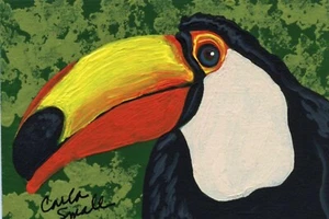 Pintura en miniatura original ACEO ATC tucán loro pájaro arte -C. pequeño - Imagen 1 de 2