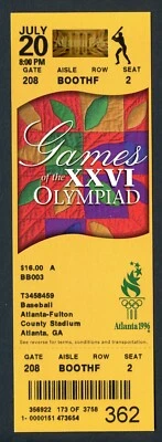 Boleto de béisbol 1996 Atlanta GA Juegos Olímpicos 20 de julio Fulton Stadium Georgia Foto 1 de 2