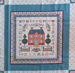 Vintage ~ Blau/Orangen ~ "Muster mit Zuhause" ~ Baumwollstoff Panel ~ 15,5"x15,75"  - Bild 1 von 4