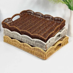 PP Rattan Serving Tray Hand Woven Farmhouse Decorative Coffee Table Tray for - Picture 1 of 21