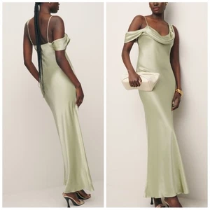 Nuevo con etiquetas Vestido Largo de Seda Reformation Ronda Maxi Drapeado en Hierbas Secas Verde 16 - Imagen 1 de 15