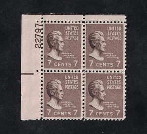 Andrew Jackson Prexie 1938 como nuevo, placa NH 7¢ # bloque de 4 -- Scott #812 - Imagen 1 de 1